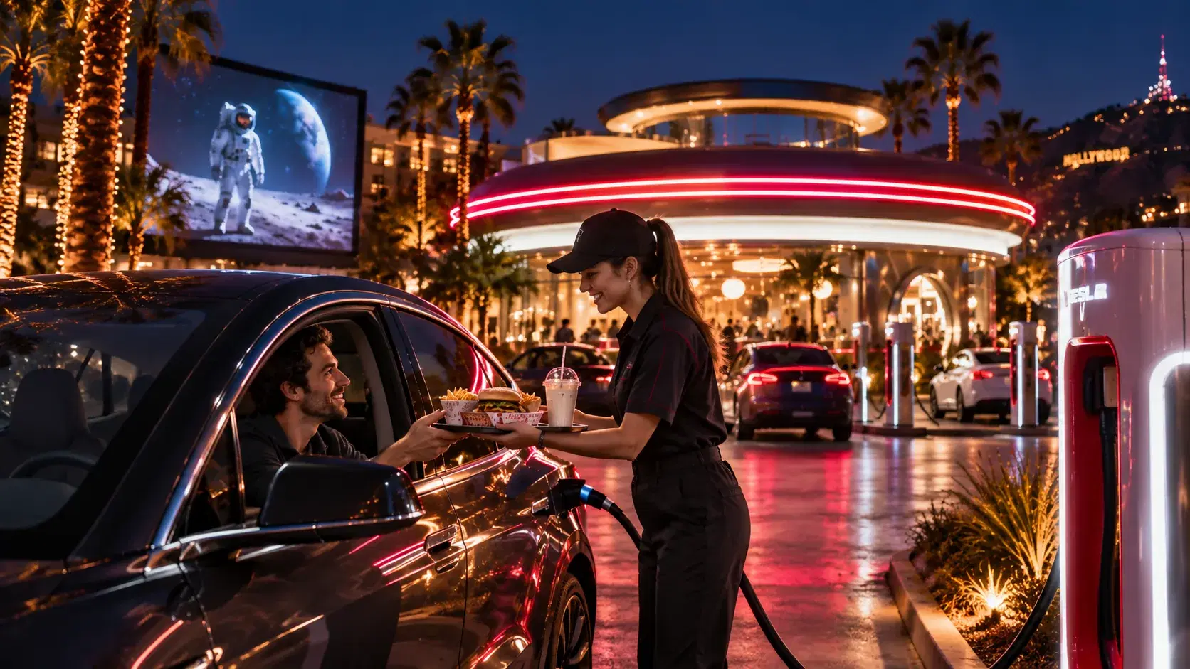Illustration of car-side food delivery at Tesla Diner while the car charges