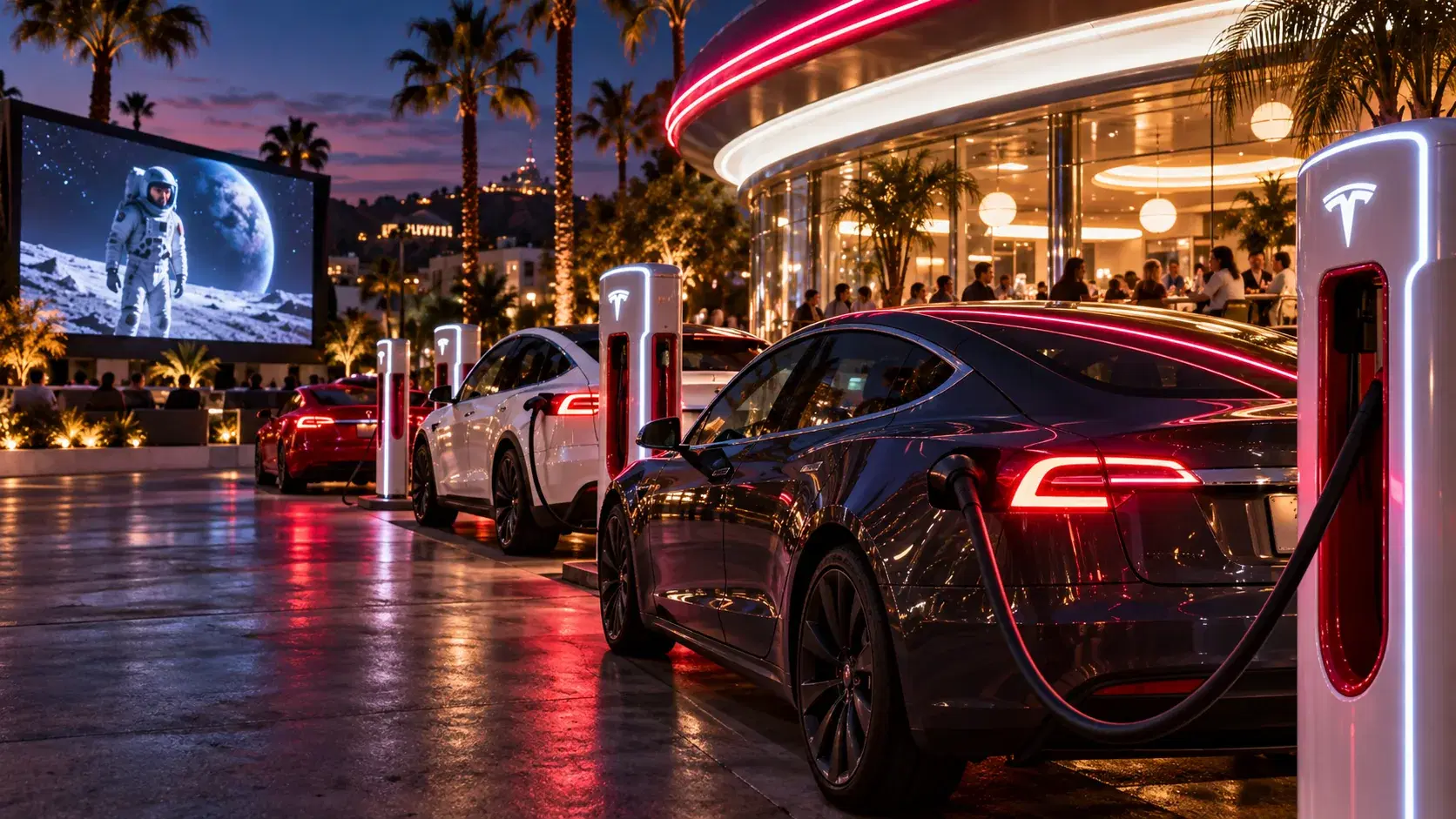 Illustration of Tesla Diner Superchargers facing the drive-in screens at night