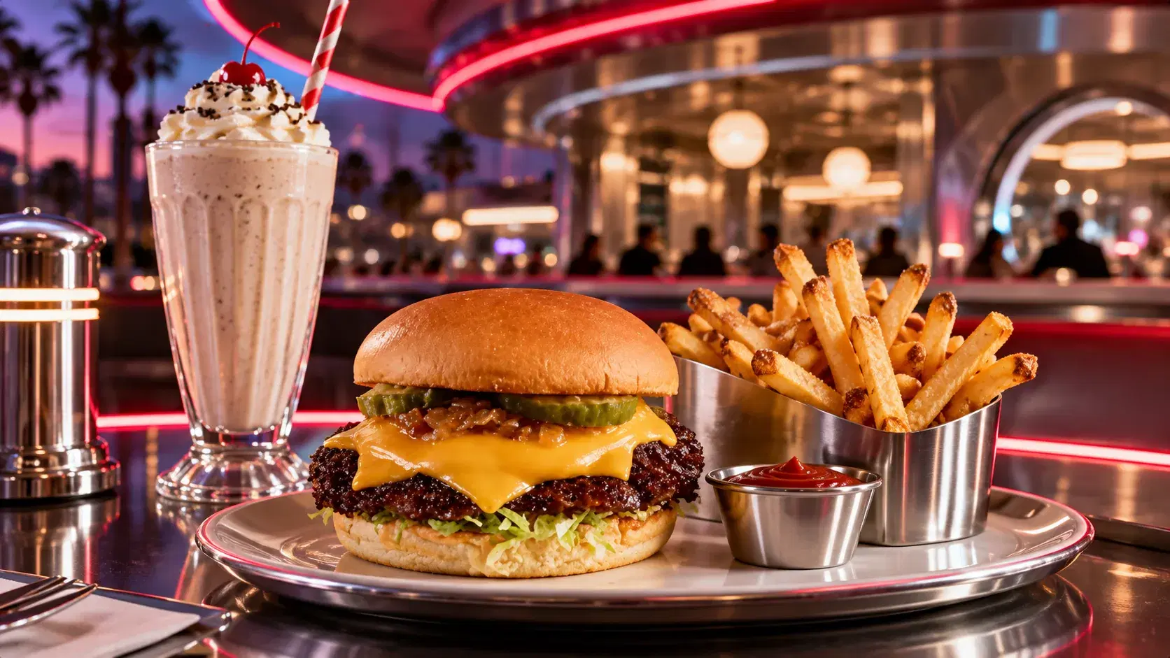 Illustration of a classic diner burger, fries and milkshake