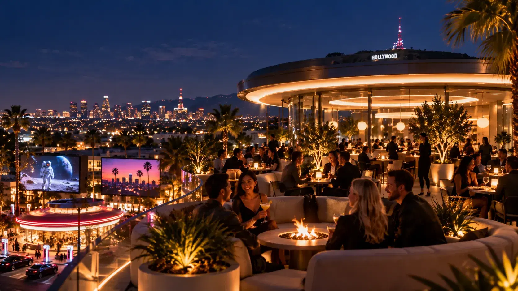 Illustration of the rooftop Skypad at Tesla Diner with the Los Angeles skyline at night