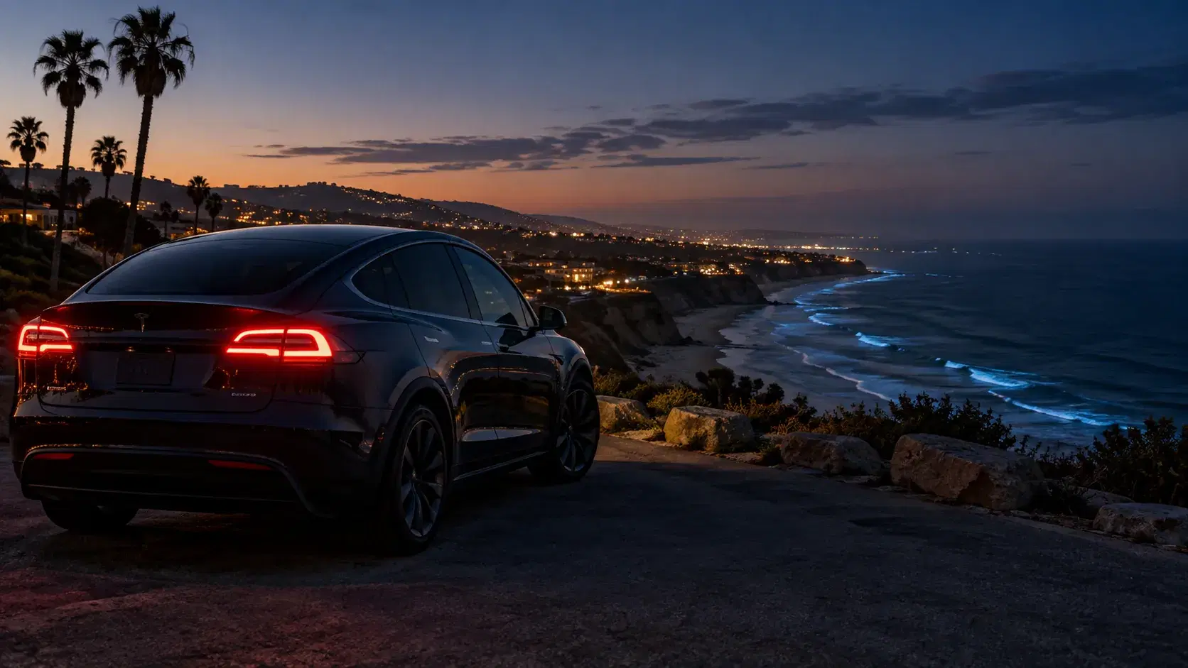 Illustration of a Tesla parked at a coastal overlook at dusk with glowing blue surf in the bay below