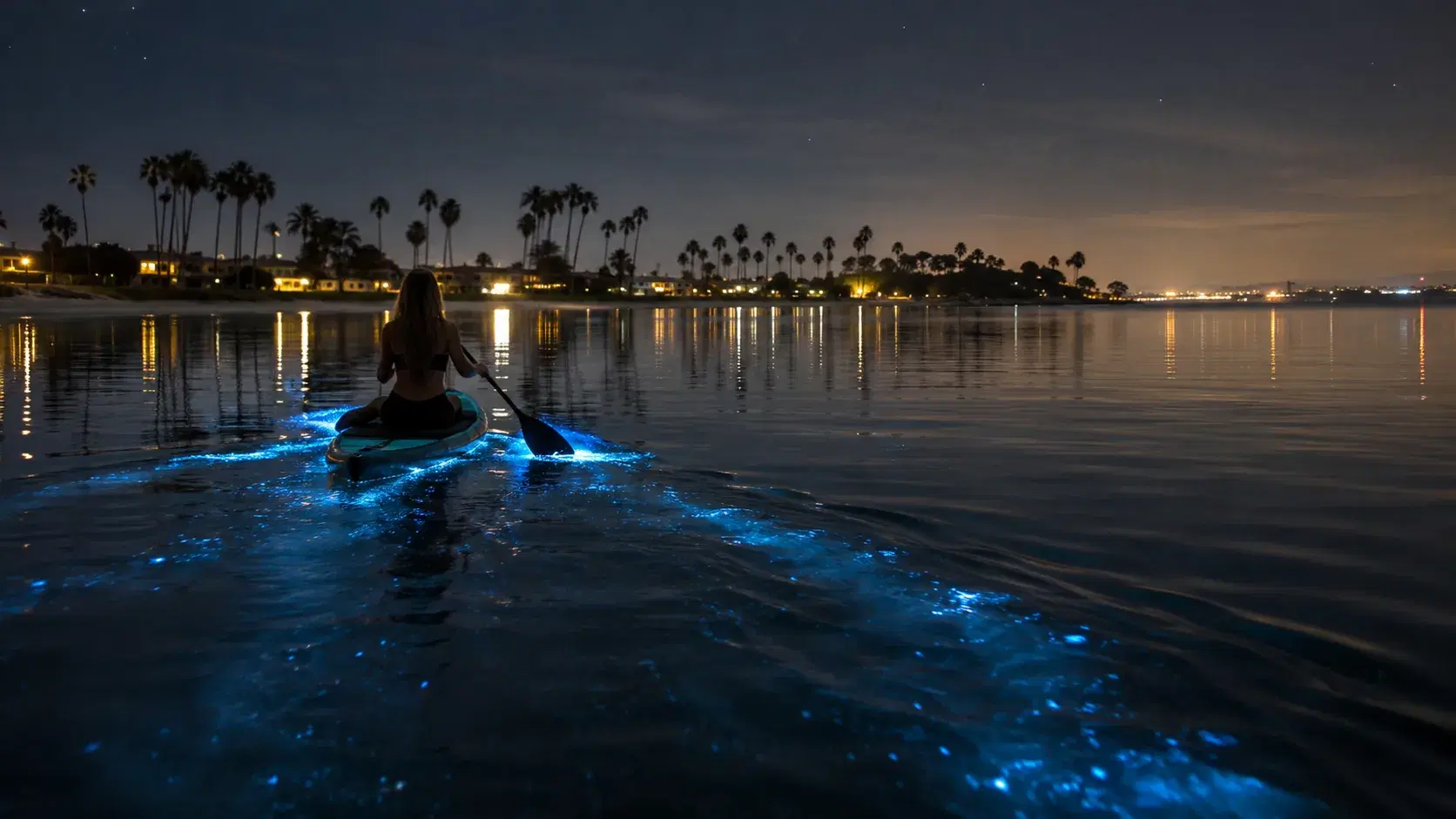 Illustration of a paddleboard leaving a glowing blue trail across calm water in Mission Bay at night