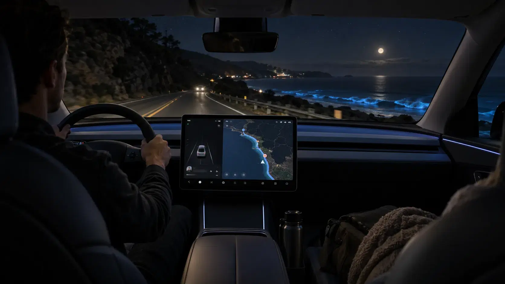 Illustration from inside a Tesla on a coastal road at night, hands on the wheel and the coastal route on the touchscreen