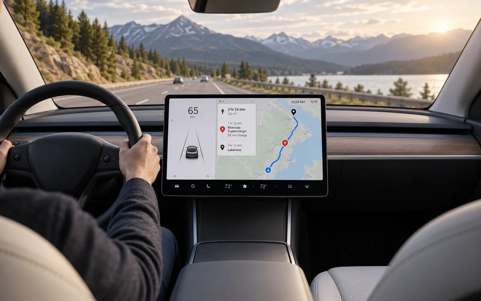 Navigation and charging plan on a Tesla center screen