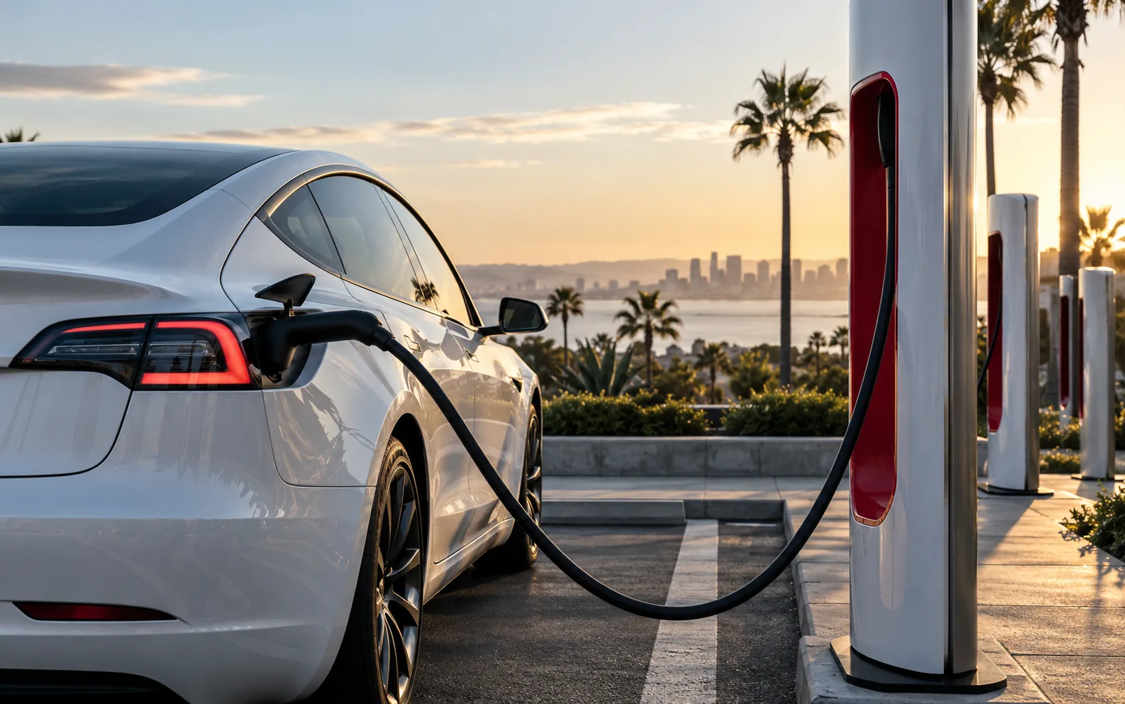 A Tesla charging at a Supercharger station