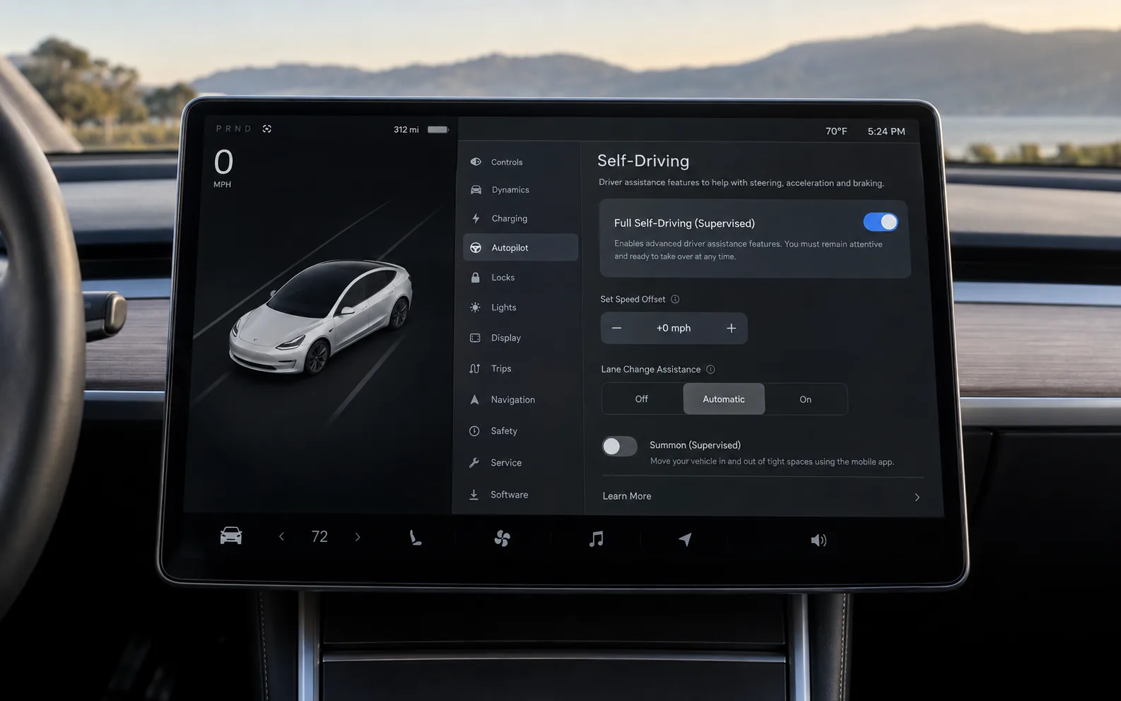 Tesla touchscreen displaying the Self-Driving settings