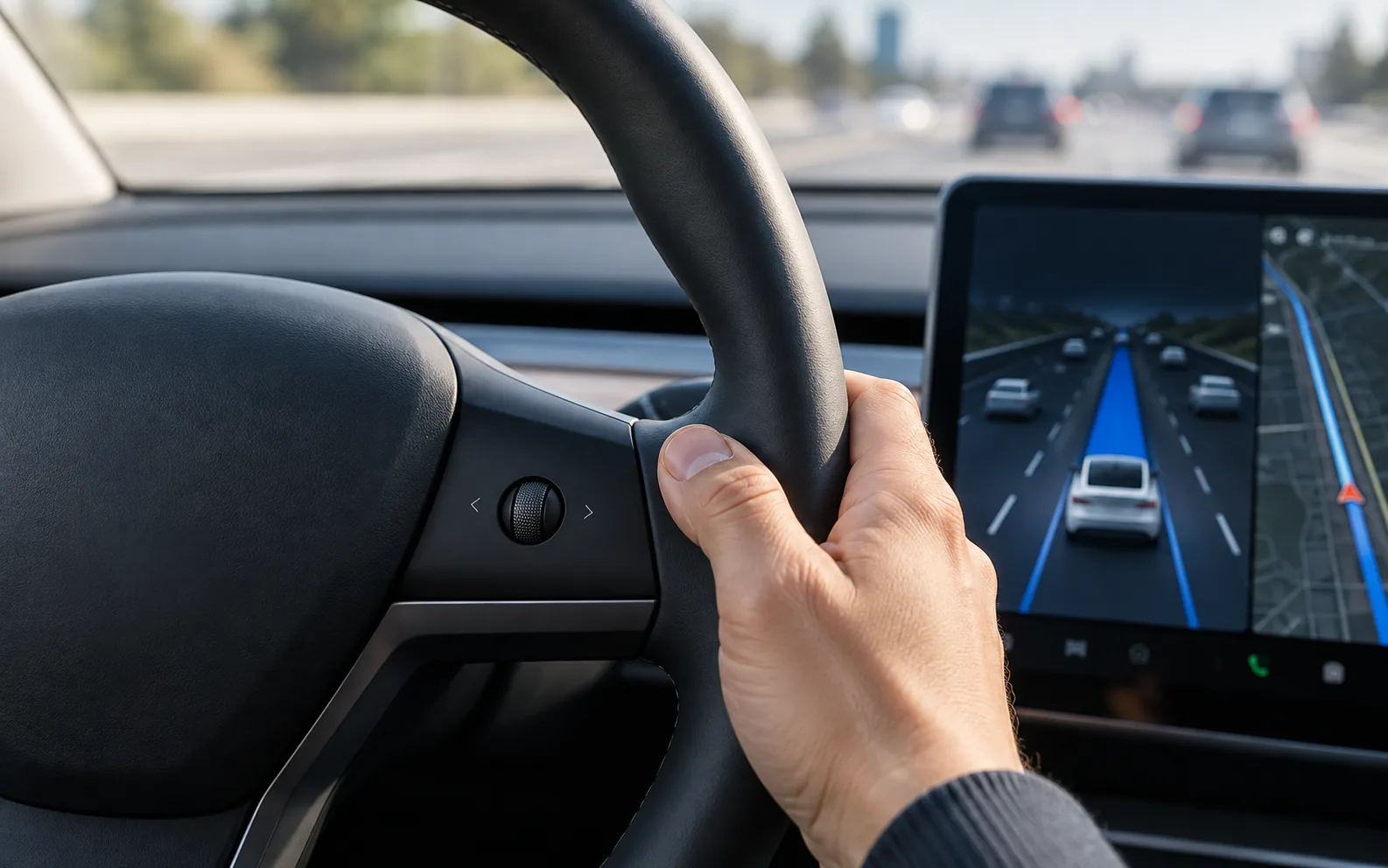 Close-up of Tesla steering wheel controls and driving display