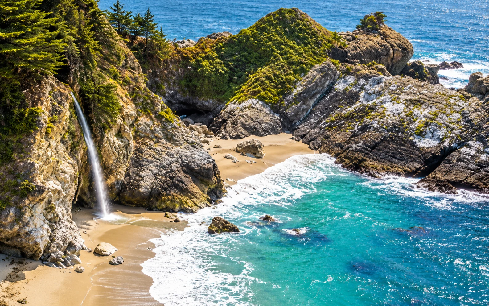 A dramatic Big Sur-inspired cove and waterfall, AI-generated artistic illustration; not an actual McWay Falls photograph