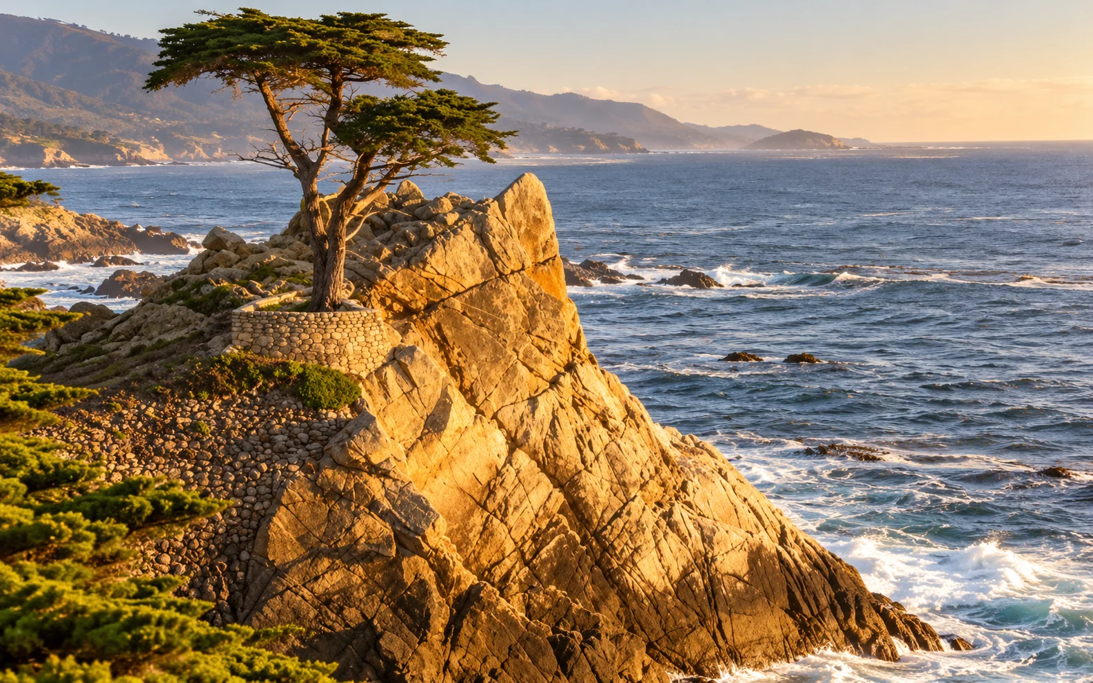 The iconic lone cypress on the Pebble Beach coast, AI-generated illustrative image
