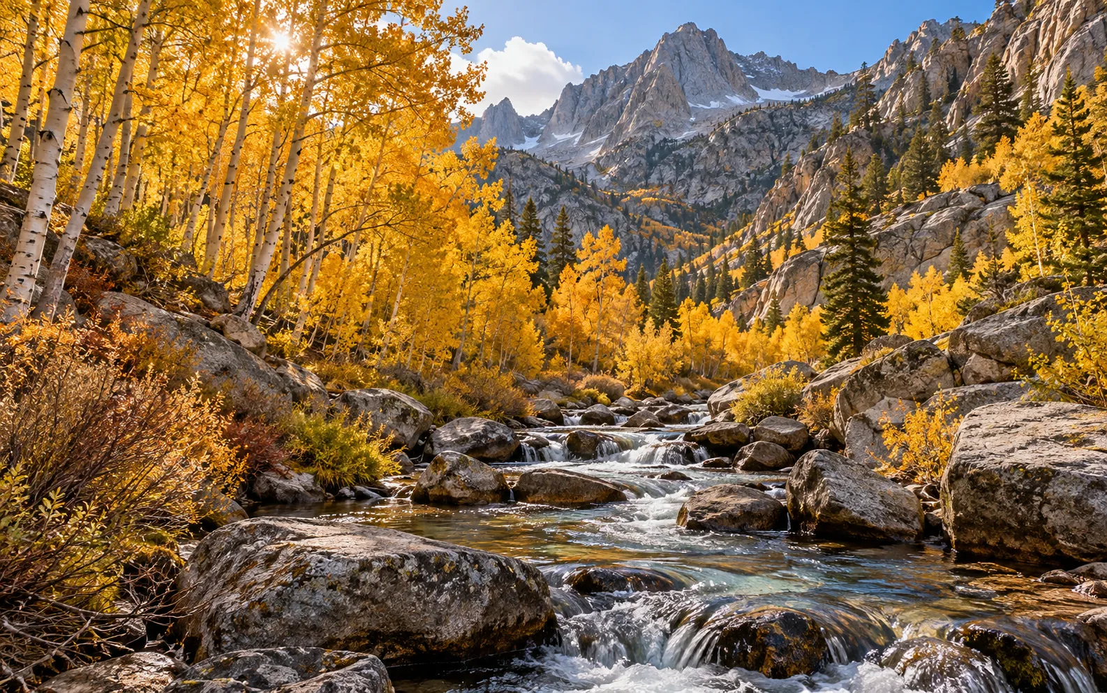 Golden aspens beside a creek in Bishop Creek Canyon