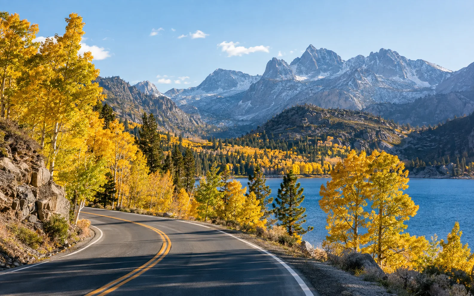 Fall foliage framing a lakeside bend on June Lake Loop