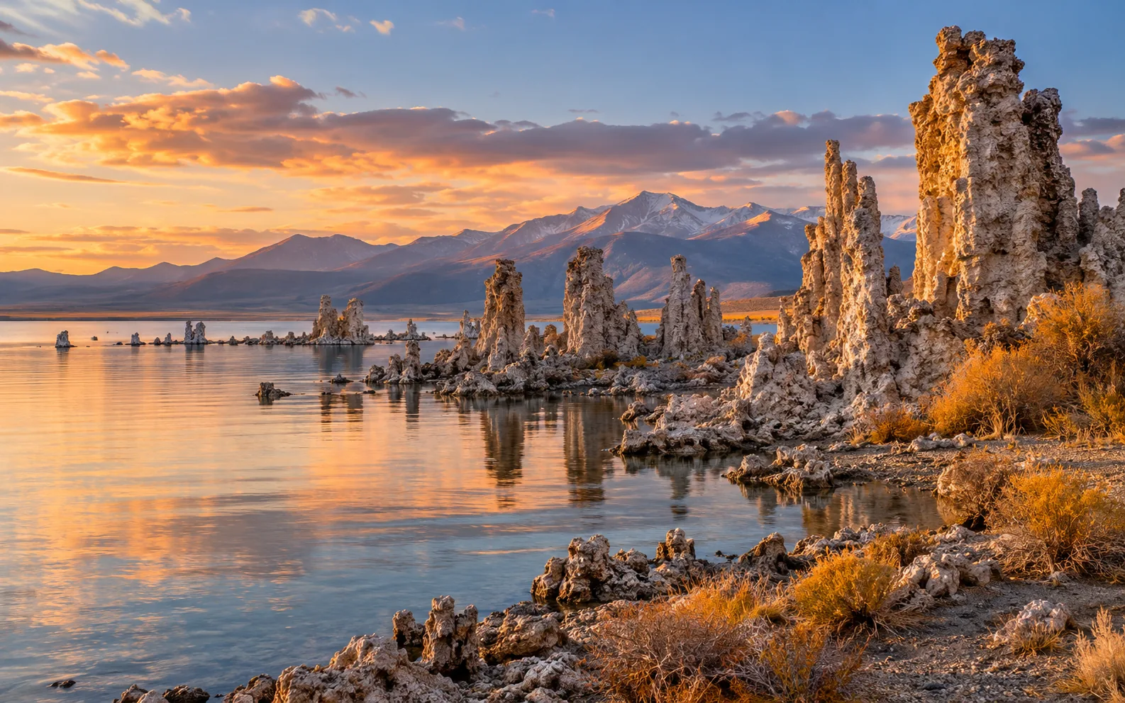 Mono Lake's tufa towers in warm evening light