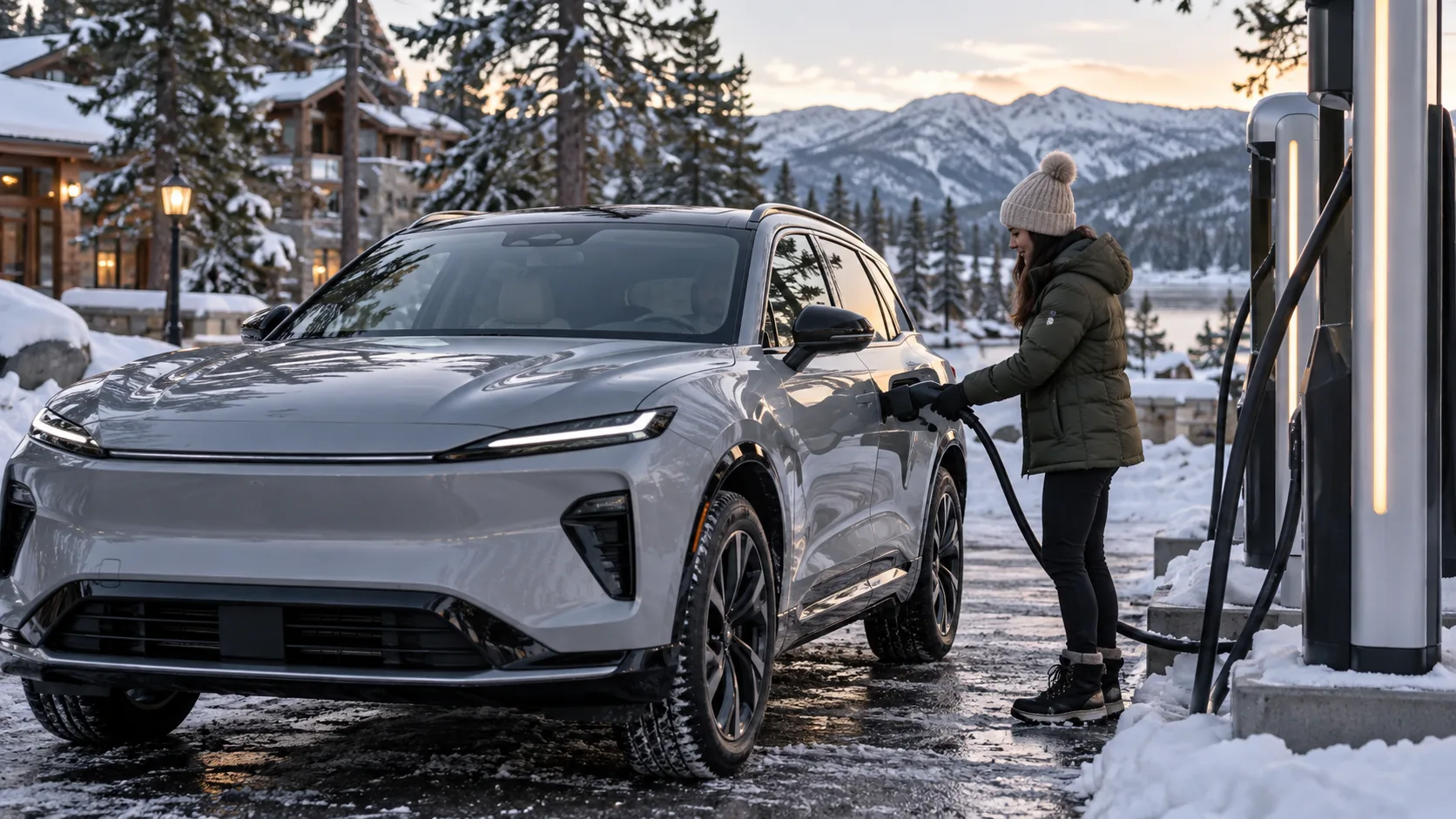 Electric SUV charging at a snowy mountain lodge