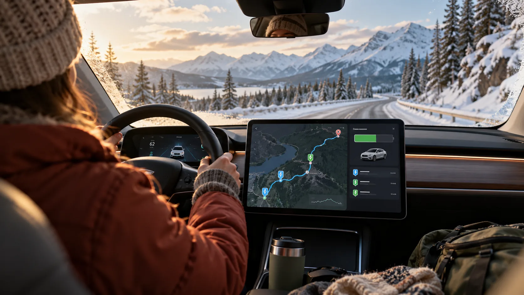 Driver checking route and predicted arrival charge on a winter mountain trip