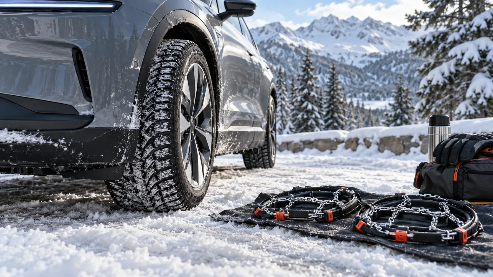 Snow-rated tire and compatible traction devices shown as an illustration—not a fitment recommendation